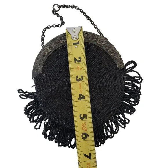Black Beaded Small Purse With Floral Metal Frame & Fringe Detail Antique - Picture 6 of 10